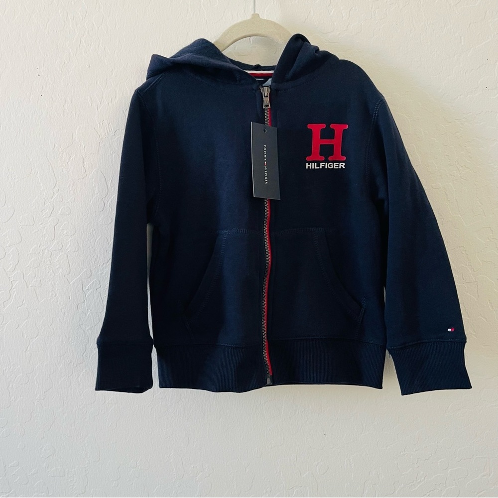 Boys Tommy Hilfiger Navy Hoodie with Red Logo